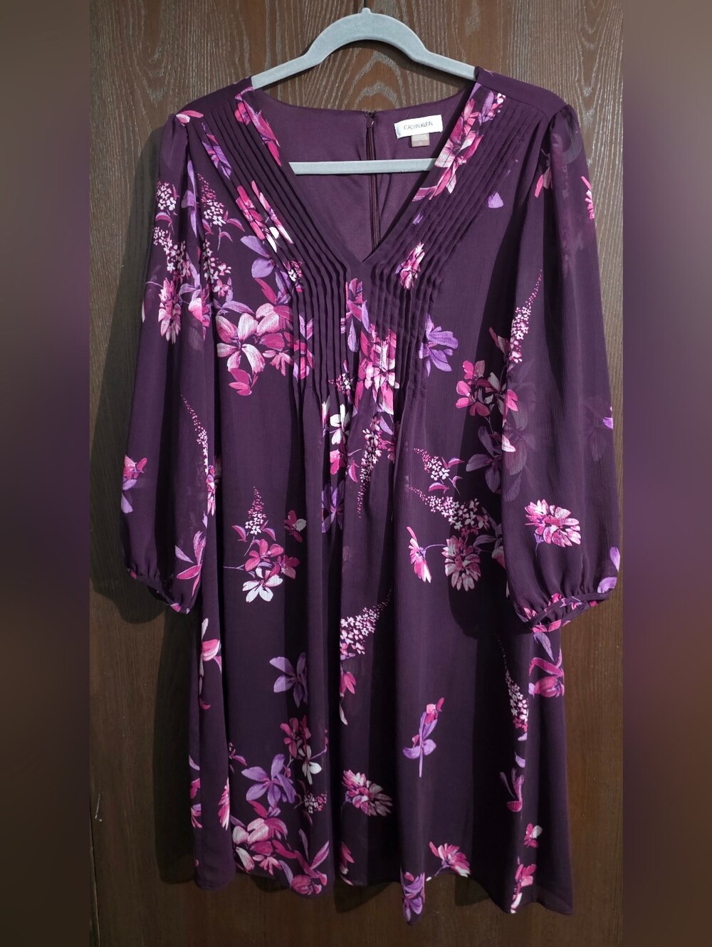 Calvin Klein Plum Floral V-Neck Pintuck Tunic Dress